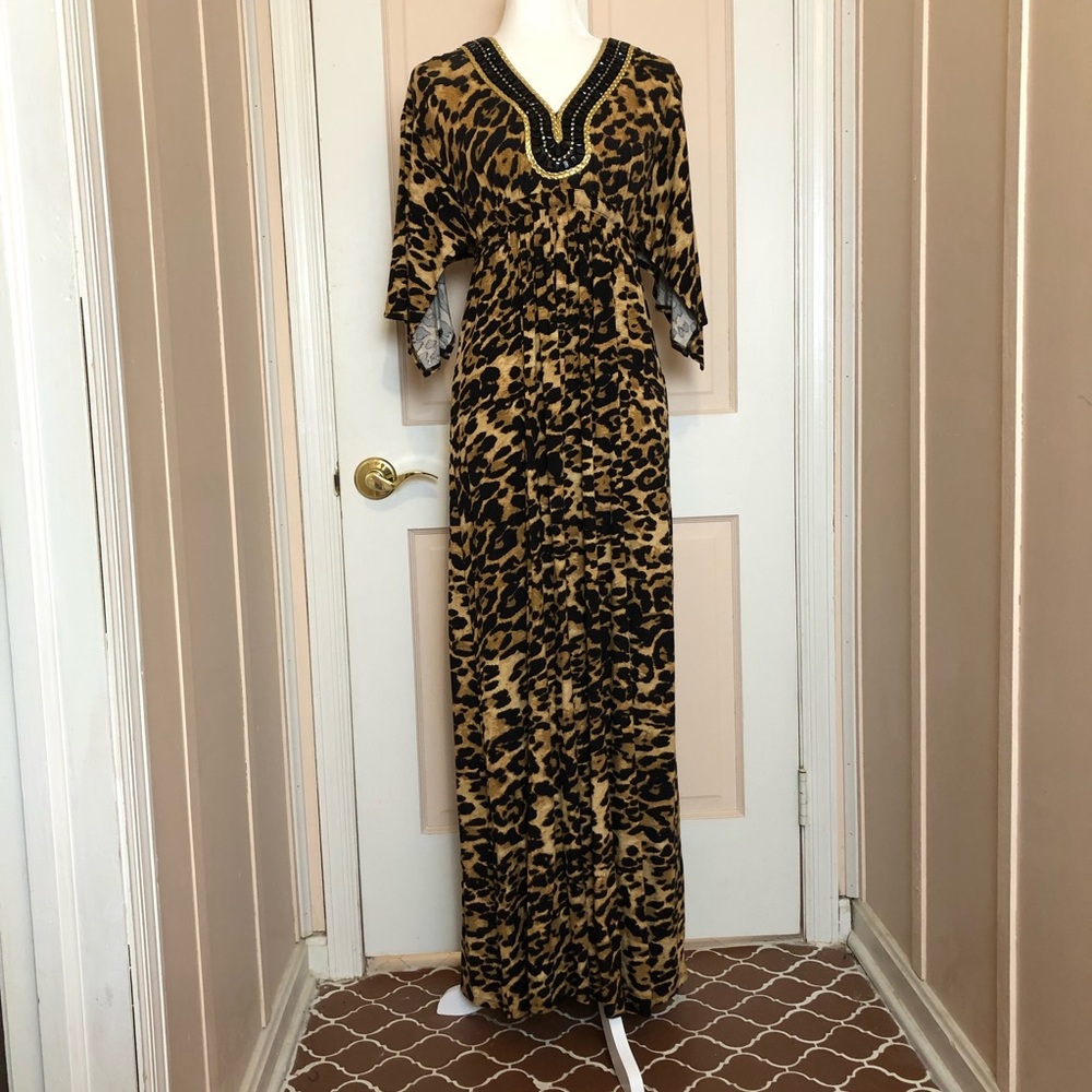 IMan Leopard Animal Print Beaded Rhinestone Kimono Sleeve Caftan Kaftan Size S